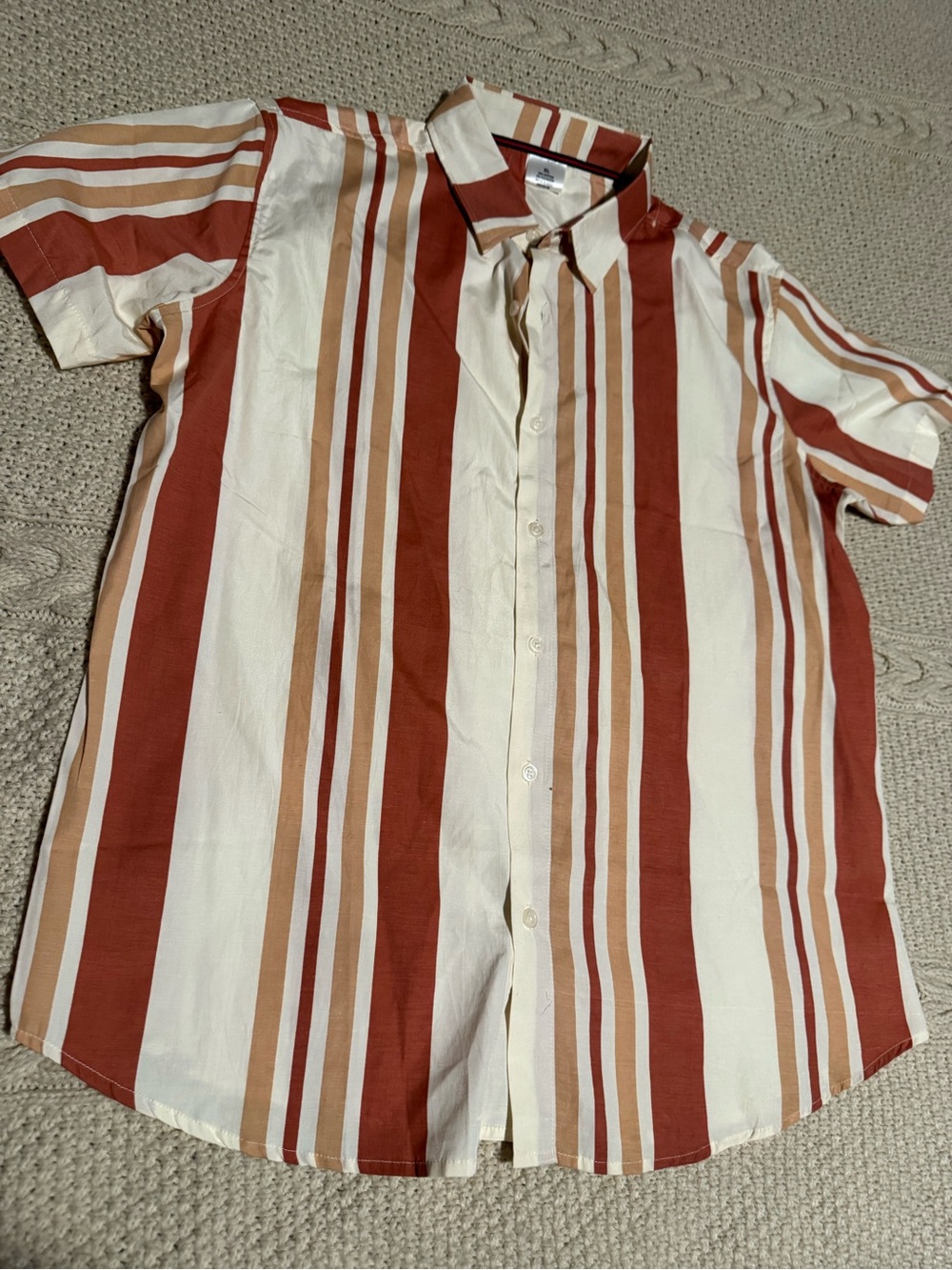 Men's Short Sleeve Button-Down Shirt - Cream & Brown Stripe
